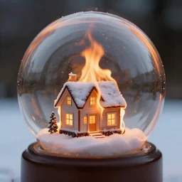 house in flames inside a snow globe, award winning photo, depth of field, dramatic, burning