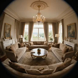 cinematic film still of a fancy apartment living room with a stunning view 4k, fish-eye lens