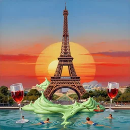 melting distorted eiffel tower icecream green and red, sunset, people swimming in wine glasses, super realistic and highly detailed painting by salvador dali