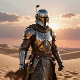 Mandalorian as a medieval knight in intricate armor, ornate filigree armor, desert dunes, sunset clouds, sun glowing behind head, hypermaximalist, fantasy character concept, dynamic lighting, blurry, hyperrealism 8k