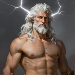 painted portrait of rugged zeus, god of thunder, greek god, white hair, masculine, mature, handsome, upper body, muscular, hairy torso, fantasy, intricate, elegant, highly detailed, digital painting, artstation, concept art, smooth, sharp focus, illustration, art by gaston bussiere and craig mullins