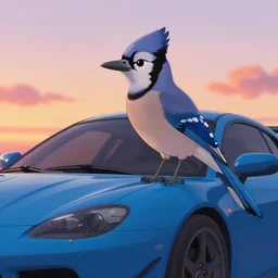 a  key shot of a Bluejay animation on a blue Sports Car at sunset, medium shot, waist up, studio Ghibli, Pixar and Disney animation, sharp, Rendered in Unreal Engine 5, key art by Greg Rutkowski, Bloom, dramatic lighting, backlit, J. C. Leyendecker