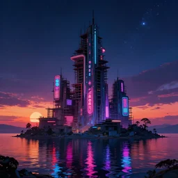 unfinished building by antoine predock, cosmic retrowave infrared apocalyptic retro neon signs water fantasy lake futuristic lightpaint sunset neon noir bioshock darkacademia vice city architecture island nightsky myst sea galactic sunny, archdaily, wallpaper, highly detailed, trending on artstation.