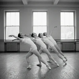 a line of four ballet dancers in white leotards arranged in an echelon formation on the left leaning backwards with their right arms outstretched in a dance studio, rectangular windows, railings, monochrome, 6 0 s, 3 5 mm film