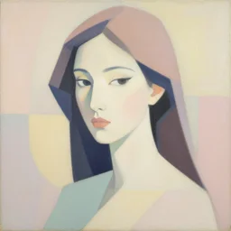 A abstract painting in the style of Tatsuro Kiuchi, flat colour-block style, geometric abstraction, portrait of beautiful woman, modern pastel colours