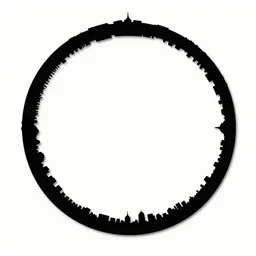 a perfect circle, the outer edge of the circle is the silhouette of a city skyline going all the way around the circle 3 6 0 degrees, black and white, minimalist, in the style of a line drawing
