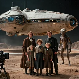 8k film still from a sci fi blockbuster color movie made in 2022, set in 1860, of a family standing in front of a spaceship that has just landed on an alien planet, a humanoid alien creature stands nearby, the family are all wearing 1850s era clothes, cinematic lighting, cinematic camera, extremely good lighting, good photography, oscar winner