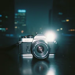 taken using a film camera with 3 5 mm expired film, bright camera flash enabled, cyberpunk city at night, slightly foggy, creepy, liminal space