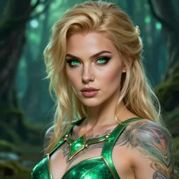a close - up of tattooed beautiful blonde female warrior wearing a magical emerald leotard in a magical forest, hyper realistic face, green eyes, fantasy art, in the style of greg rutkowski, illustration, epic, fantasy, intricate, hyper detailed, artstation, concept art, smooth, sharp focus, vibrant
