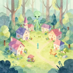 alien faerie village in the woods. watercolor by award - winning concept artist. isometric graphics, pastel palette, polygonal.