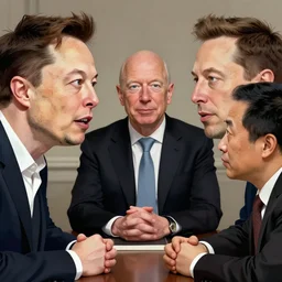 illustration of a meeting between elon musk, mark zuckenberg, jeff bezos, very clear face, high quality, very detailled, by artgem, greg rutkowski, ruan jia