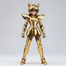 photorealistic full shot of Saint Seiya knight wearing golden Cat armor as a cute anime girl, detailed, inspired by Masami Kurumada, unreal engine, ArtStation