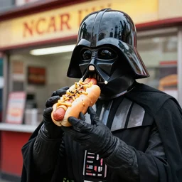 darth vader in front of a hot dog shop eating a hotdog, messy, very detailed