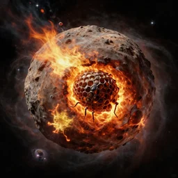 Digital art of a meteorite containing an insect hive burning up in the atmosphere, Mike Winkelmann,  Jessica Rossier  4k prehistoric geology space hubble start nebula