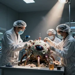 scientists analyzing an alien body in a clean room