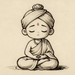 sketch of a chibi stylized sadhu meditating, etching by louis le breton