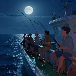 fishermen catching fish with rods in their ship at sea, fishing boat from the animated film by Sony Imageworks, Craig Mullins, Robh Ruppel, Yun Ling, Vaughan Ling, Neil Ross, Peter Chan, dramatic lighting, full moon