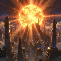 the beautiful, industrial, and futuristic metropolis that glows in warm plasma of the warm plasma sun orb is so old fashioned, i wish it would disappear into a smoldering ruin by dan mumford, yusuke murata, makoto shinkai, ross tran, cosmic, heavenly, god rays, intricate detail, cinematic, cel shaded, unreal engine, featured on artstation, pixiv