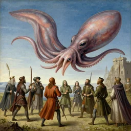 medieval european art depicting a giant alien squid attacking a group of knights in a field, very detailed, very intricate,