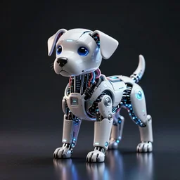 cybernetic puppy, led lights, wires, hyperdetailed, hyperrealistic, reflections, futuristic, highly detailed, trending on artstation HQ, 4k, UHD