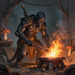 Illustration of a Myconid humanoid mushroom blacksmith working at the forge