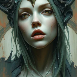 close - up portrait of lilith queen from diablo, melting wax, mycelia, abstract impressionism, ruan jia, fantasy, hyper detailed, concept art, by peter mohrbacher and gustav klimt,