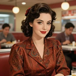 a beautiful woman dressed in 1940's clothes with 1940's hairstyle, diner background, intricate, highly detailed, digital painting, artstation, official media, anime key visual, concept art, rich vivid colors, ambient lighting, sharp focus, illustration, art by Artgerm, Makoto Shinkai, Ilya Kuvshinov, Lois Van Baarle, and Rossdraws