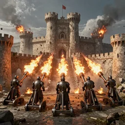 five giant and powerful medieval trebuchets in the front, fireing on a medieval fortress far away, destroying the walls, fire and explosion, debris flying around, octane render, unreal engine