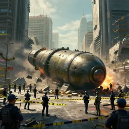 cyberpunk style city, a bomb hit the the city, many police and soldiers set up a cordon around, 8 k, cg, sunlight, cinematic, highly detailed, ultra detailed