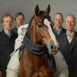 scarf in the form of a horse around the neck of an astronaut, highly detailed painting by francis bacon, edward hopper, adrian ghenie, gerhard richter, and james jean soft light 4 k,