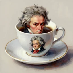 beethoven drinking a coffee from a coffee cup, the coffee cup has a painting of mozart on it, super realistic painting, visible paint layers, thick brush strokes.