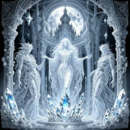 baleful crystal harmonic gatekeepers of the elegant glass pageant temple of the drowned industrial god, choral freeze, pristine Philistine minatory love, moon illusion, very detailed, intricate line drawing, 8k resolution