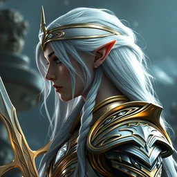 queen elf profile view with white diamond headband and armor in golden and silver colors and a curve long sword, pointy small ears, full body, white long hair, detailed face, epic masterpiece of cinematographic hyperrealism, realistic shaded lighting poster by craig mallismo, artgerm, jeremy lipkin and michael garmash, unreal engine, radiant light, detailed and intricate environment, digital art