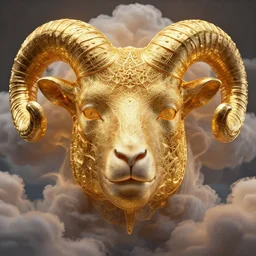 3 d cloud god cinematic close - up frontal portrait with ram golden hollow clouds mandala wired mandelbulb face. beautiful mandelbrot intricately detailed mask, octane render, volumetric lighting