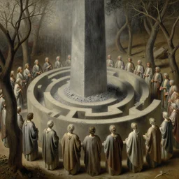 colonial maze of dry trees with a choir wearing drapery sit around a large monolith, raining ash, stoic, light dust, magnificent, hyperdetailed, theatrical, dutch angle, close up, masterpiece, painted by jean honore fragonard and greg rutkowski and rob alexander
