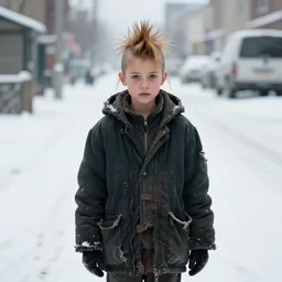 homeless girl, snowy street, mohawk bleached hair, torn clothing, richard avedon, martin schoeller, victor ngai, id magazine, epic scene, david cronenberg, kilian eng vibrant colours, dynamic lighting, intricate illustration, detailed, beksinski, dan mumford, artstation, greg rutkowski, sharp focus, photoreal, 8 k