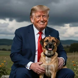 donald trump smiling with a dog on his lap