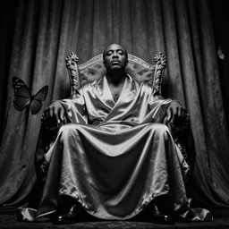 Large black man sitting on throne wrapped in silk, background made of large folding curtains, dark, hyper detailed, hyper realistic, 8K photo realistic, black and white color, dimly lit, butterfly lighting, dark, style of rafael pavarotti, low angle looking up