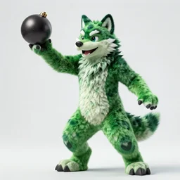 an extremely high quality hd photo of green wolf fursuit throwing a bomb, clear shapes, 8 k, realistic shading, ultra realistic, super realistic