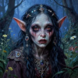a gorgeous but sinister and creepy goblin in layers of fear, with haunted eyes, violence in her eyes, 1 9 7 0 s, seventies, delicate embellishments, a little blood, woodland, blue dawn light shining on wildflowers, painterly, offset printing technique, by alexandre cabanel