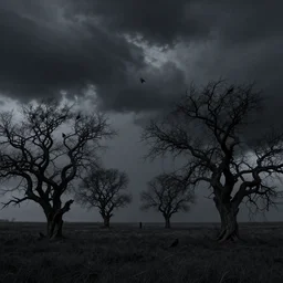 in the black storm, gnarled trees on a darkling plain, murder of crows, drawn by christan delort and jean gireaud, graphic black and white, low camera, wide angle, centered composition, golden ratio