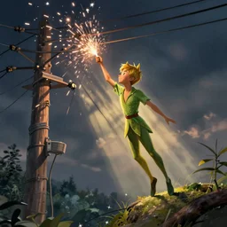Peter Pan caught in high voltage lines with sparks