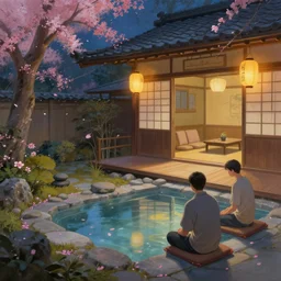 painting of private onsen next to japanese inn with levitating lanterns and petals by greg rutkowski craig mullins ross tran sitting mats zen garden flowers japanese motifs concept art clear focus fantasy d & d cinematic lighting unreal engine lumen reflections trending on artstation
