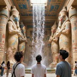 looking up at ancient egyptian ruins interior, waterfall, huge statues, intricate, elegant, vivid colors, highly detailed, john park, craig mullins, sparth, ruan jia, jeffrey catherine jones