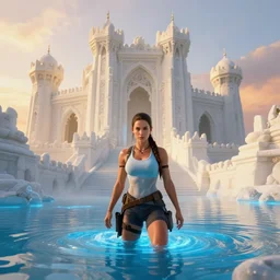mila kunis as muscled amazon lara croft wading through shallow blue glowing water, bright white castle stones, 2 0 0 mm focal length, epic vista of old ruins, sundown, golden hour, intricate, elegant, stanley lau, greg rutkowski