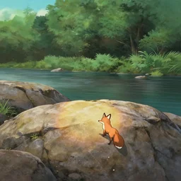 bathed in sun, pleasing appealing smooth flat rocky environment sunningrocks by the river's shore, forest clearing, still placid environment matte painting from studio ghibli and the fox and the hound ( 1 9 8 1 )