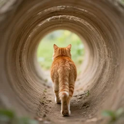orange tabby cat walks trough a dimensional portal, view from behind, artstation