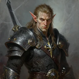 a detailed portrait painting of a fantasy male drow, dungeons and dragons character art, warcraft art, spider webs, in the style of tim hildebrandt