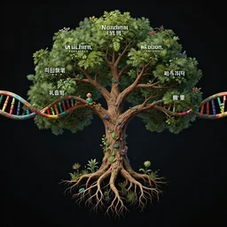 human dna strand! morphed into biblical tree! of wisdom!, knowledge! and eternal life with roots, enchanted botany illustration, dark background, by marianne north, by android jones, digital matte painting, very coherently symmetrical, octane render, high contrast