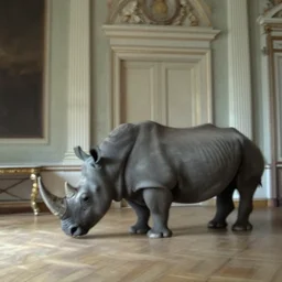 a rhinoceros in a neoclassical room, by mini dv camera, very low quality, heavy grain, blurry caught on trail cam, 1 4 4 p